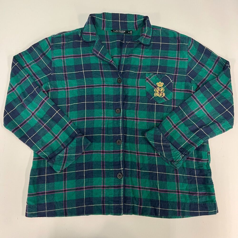 Lauren Ralph Lauren Flannel Pajama Top Womens XL Green Navy Plaid Crest Piped